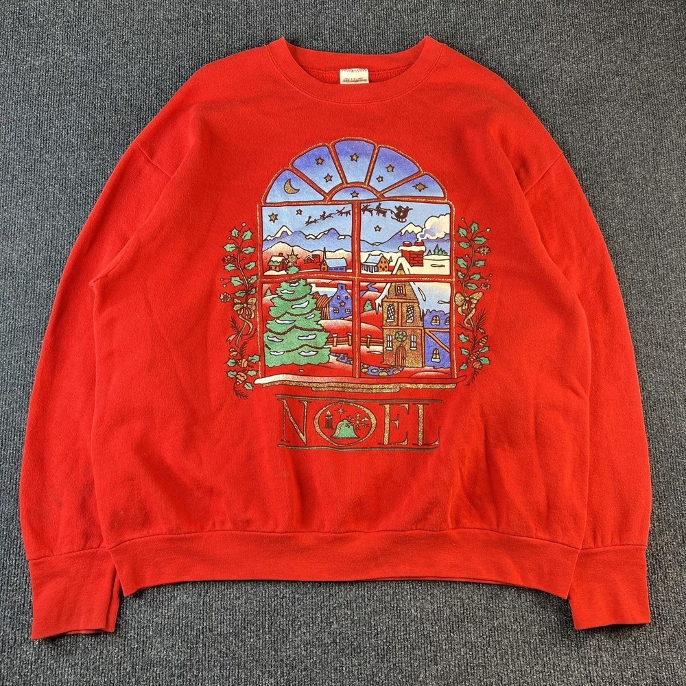 Vintage Holiday Time Sweatshirt Mens XL Red Noel Christmas Graphic 90s